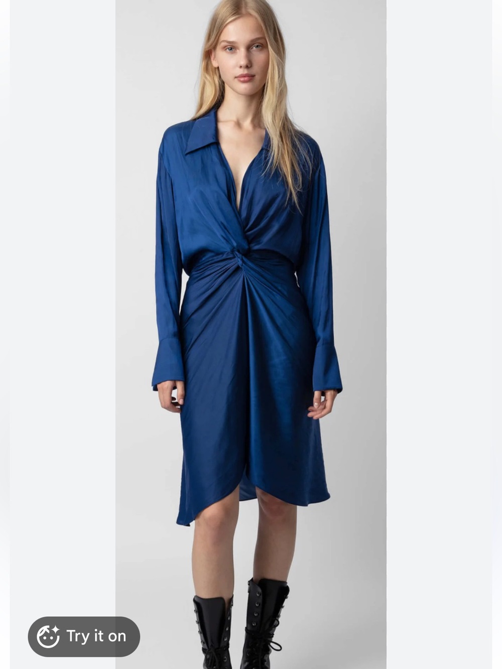 $495 Zadig & Voltaire Blue Satin twist front Rozo dress new XS